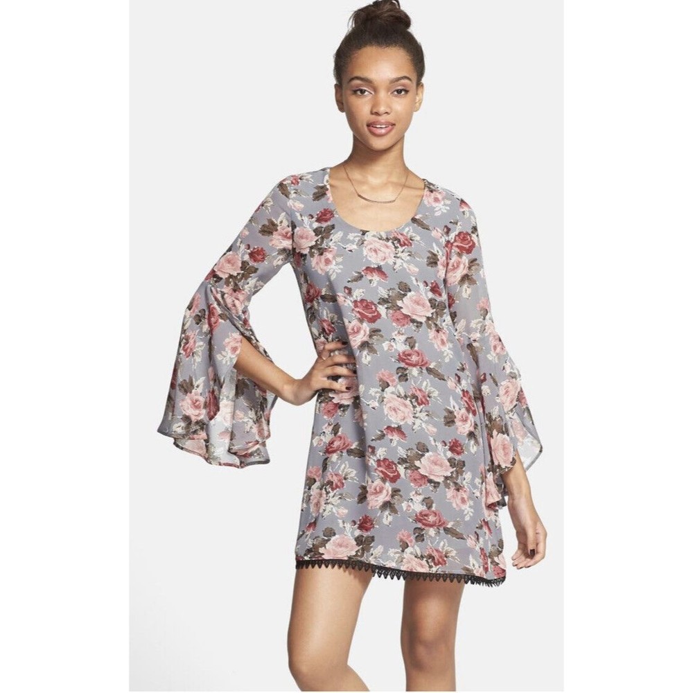 Dee Elle Shift Dress Medium Brown Floral Print Flared Bell Sleeve Crochet Boho M